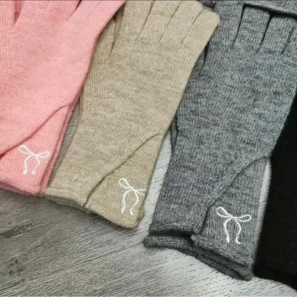 NEW 3 Piece Set: Soft Knit Scarf, Beanie & Fingerless Gloves with Bow Embroidery